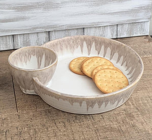 chip and dip bowl, stoneware serving dish with dip section