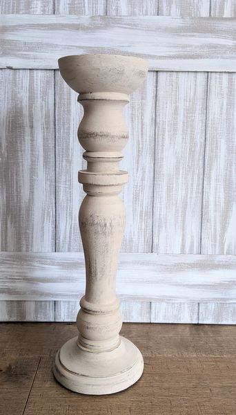 Ivory Distressed Wood Carved Pillar Candle Holder