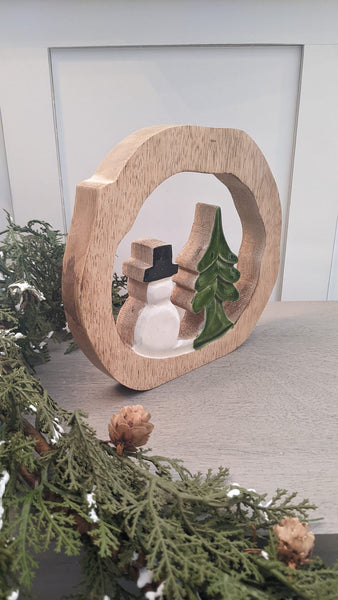 Wood Cutout Enamel Snowman + Tree