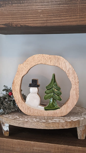 Wood Cutout Enamel Snowman + Tree