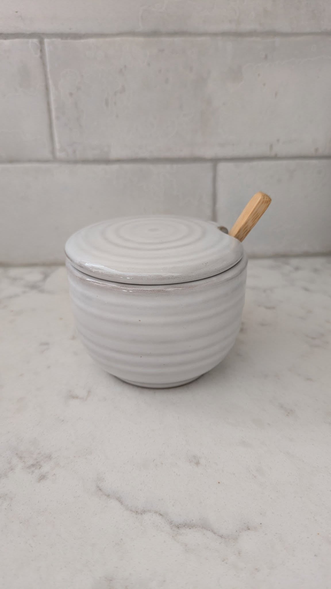 White Ceramic Cup with Lid & Spoon