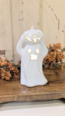 Lighted Ceramic Ghost + Pumpkin