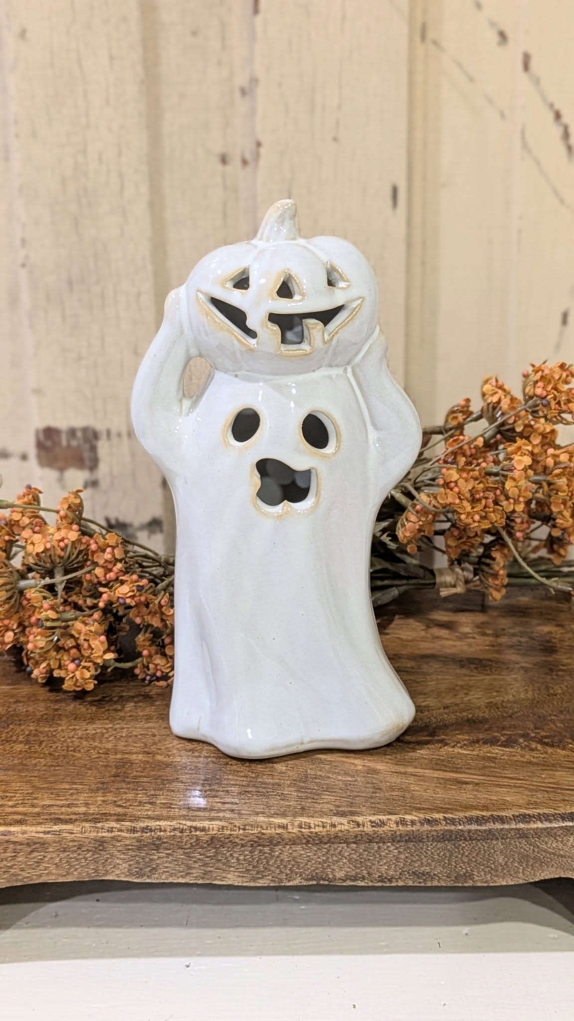 Lighted Ceramic Ghost + Pumpkin