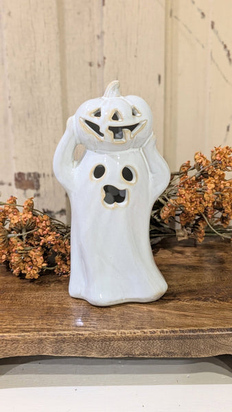 Lighted Ceramic Ghost + Pumpkin