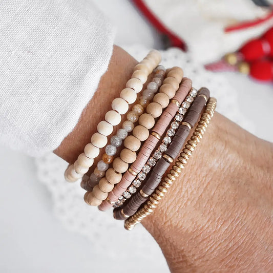 Beaded Bracelets Stack of 7 in Neutral Tones