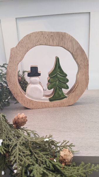 Wood Cutout Enamel Snowman + Tree