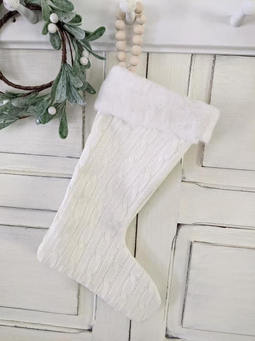 white knit stocking with bead hanger