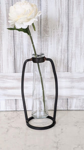 industrial metal and glass bud vase