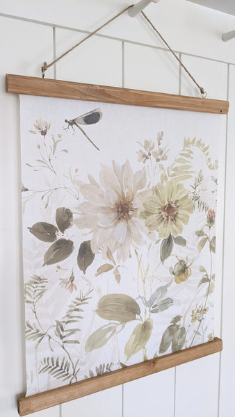 wall banner , spring florals, canvas floral sign, scroll