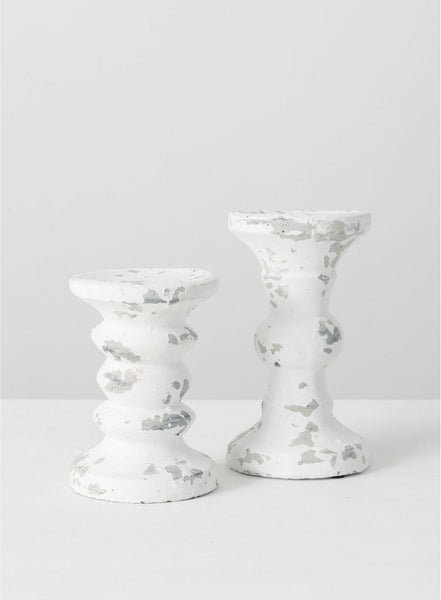 Antiqued White Cement Candle Holders